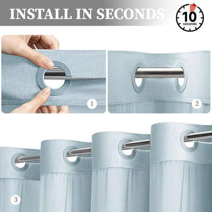 Fog Blue Ringless Linen Textured Shower Curtain with Snap Liner, 72x75 | 3 in 1 Modern Shower Curtain Set, Removable Liner, Waterproof & Washable, Mesh Top Window, Durable Fabric, Easy to Install