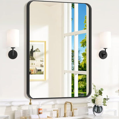Black Bathroom Mirror for Over Sink, 24" x 36" Framed Rectargular Wall-Mounted Bathroom Mirrors for Vanity, Decorative, Farmhouse, Restroom, Horizontally or Vertically Hanging