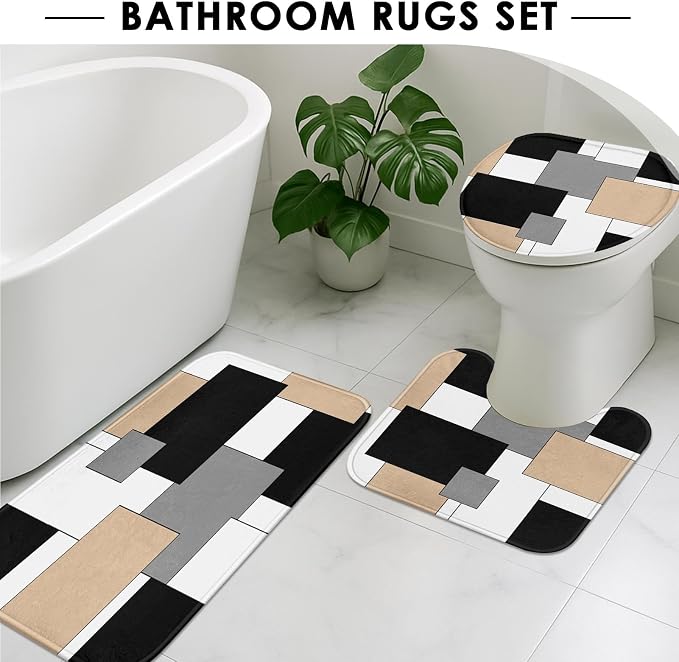 Bathroom Sets with Shower Curtain and Rugs, 4 Pcs, Geometric Beige | Checkered Abstract Modern Bathroom Decor Set with Toilet Lid Cover, Non-Slip Bath Mats and Accessories 12 Hooks
