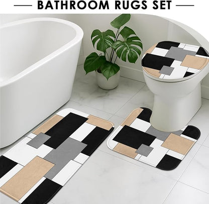 Bathroom Sets with Shower Curtain and Rugs, 4 Pcs, Geometric Beige | Checkered Abstract Modern Bathroom Decor Set with Toilet Lid Cover, Non-Slip Bath Mats and Accessories 12 Hooks
