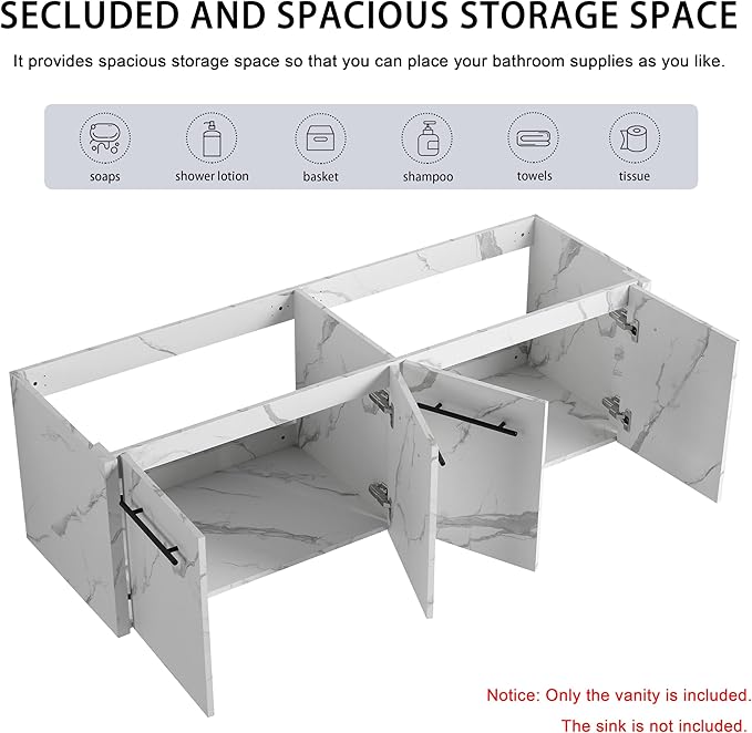 60 Inch Bathroom Vanity Without Sink, 60" Floating Vanity Without Top, Modern Wall Mounted Cabinet for Large Space, Large Bathroom Storage Cabinet with 4 Soft-Closing Doors and Bar Handles