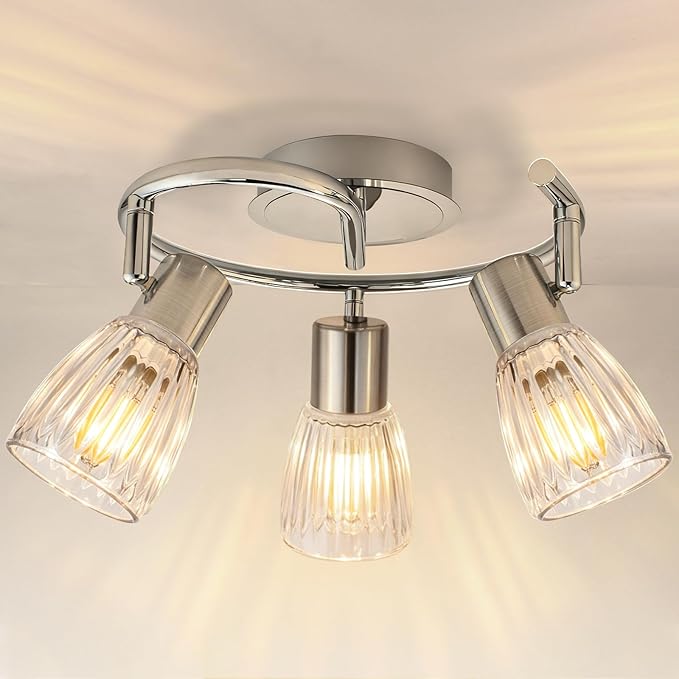 HiBay 3-Light Ceiling Light Fixture Adjustable Modern Chrome Track Lighting | with Glass Shades, Flush Mount Ceiling Spotlight Indoor for Kitchen, Bedroom, Living Room, E12 Base, No Bulbs