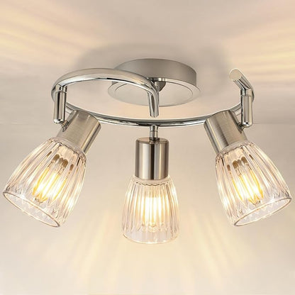 HiBay 3-Light Ceiling Light Fixture Adjustable Modern Chrome Track Lighting | with Glass Shades, Flush Mount Ceiling Spotlight Indoor for Kitchen, Bedroom, Living Room, E12 Base, No Bulbs