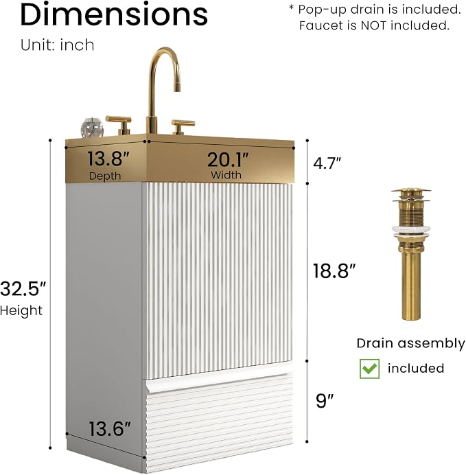 20″ Bathroom Vanity with Sink, Mid-Century Modern Fluted Style, Matte White | Gold Stainless Steel Sink, Soft-Close Drawer & Door, Organized Storage for Small Space, Powder Room, Apartment, Hotel