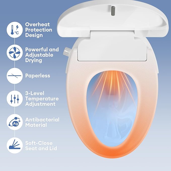 Electric Bidet Toilet Seat Adjustable Warm Water & Dryer Slow Close Heated Toilet Seat Smart Self Dual Cleaning Elongated Night Light D500