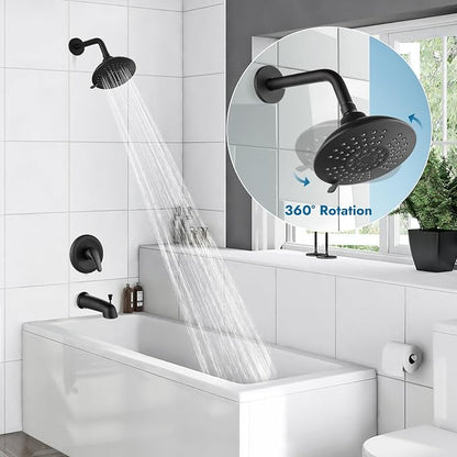 Bathtub Shower Faucet Set Wall Mounted 6 Inch 5-Spray Rainfall Shower Head with Rough-in Valve Single Handle Control Shower Trim Kit with Tub Spout, Matte Black