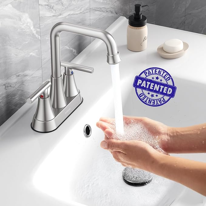 Bathroom Sink Faucet, Hurran 4 inch Brushed Nickel Bathroom Faucets for Sink 3 Hole with Pop-up Drain and Supply Hoses, 2-Handle Centerset Faucet for Vanity RV Farmhouse, 2 Pack