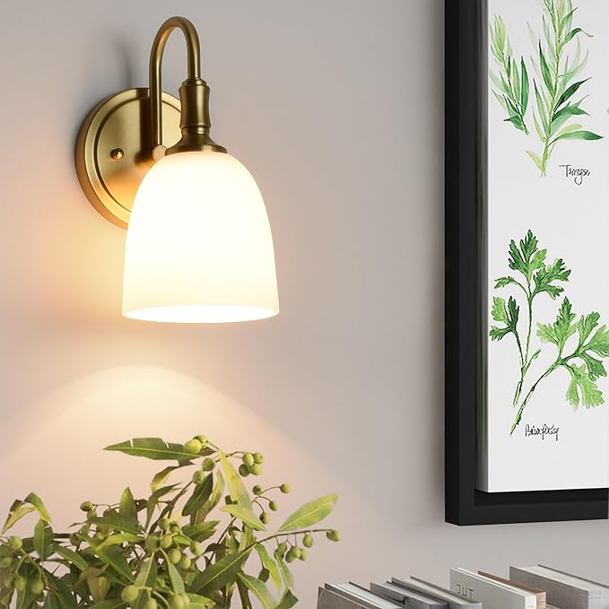 Gold Vintage Traditional 1-Light Indoor Wall Sconce with Frosted Glass Bathroom Bedroom Hallway, 10.6" H x 5.3" W, Aged Brass