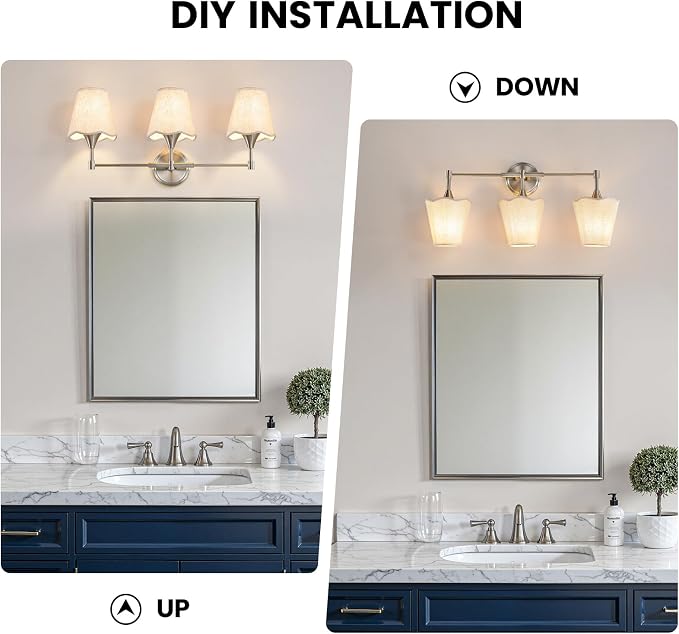 Brushed Nickel Bathroom Vanity Light: 3 Light Vanity Lighting Fixtures with Flared Fabric Shade, Modern Bathroom Lighting Fixtures over Mirror, Wall Sconce Lights for Bedroom Hallway Living Room