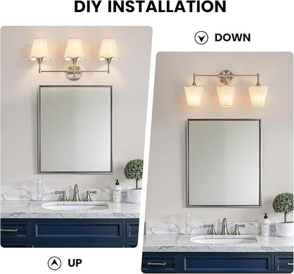 Brushed Nickel Bathroom Vanity Light: 3 Light Vanity Lighting Fixtures with Flared Fabric Shade, Modern Bathroom Lighting Fixtures over Mirror, Wall Sconce Lights for Bedroom Hallway Living Room