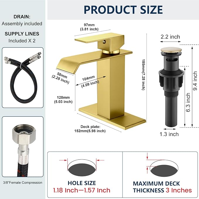 Midanya Waterfall Bathroom Sink Faucet 1 Hole,Gold | with cUPC Hoses,Pop Up Drain,Deck Plate,for 1 or 3 hole sink,Vanity,RV,Lavatory,Basin,Farmhouse,Stainless Steel,Single Handle