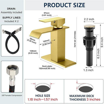 Midanya Waterfall Bathroom Sink Faucet 1 Hole,Gold | with cUPC Hoses,Pop Up Drain,Deck Plate,for 1 or 3 hole sink,Vanity,RV,Lavatory,Basin,Farmhouse,Stainless Steel,Single Handle
