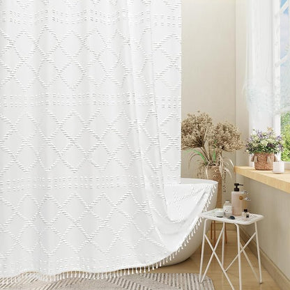 White Boho Woven Fabric Shower Curtain with Tassel 72x72, Tufted Textured | Modern Farmhouse Curtain for Bathroom, Standard Bathroom Curtain, Minimalist Decor, Waterproof