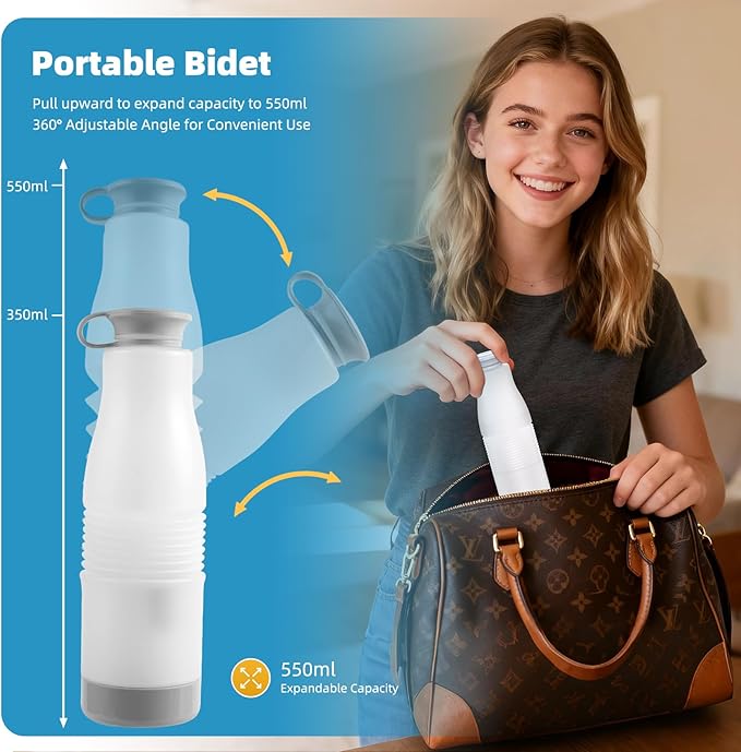 Hibbent Portable Bidet for Travel, High Pressure Electric Handheld Bidet Sprayer, 350-550ML Expandable Bottle for Personal Hygiene, USB-C Rechargeable Waterproof, Travel Sprayer for Women & Men, Black