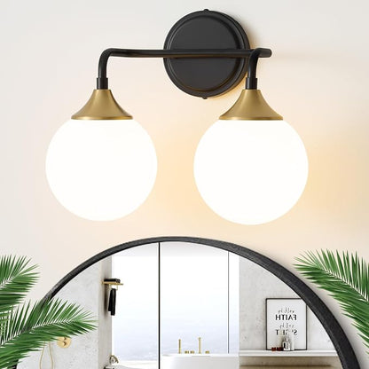 Black Gold Bathroom Light Fixtures Over Mirror Vanity 2-Light | Mid Century Modern Matte Black Gold Wall Sconce with Milky White Glass Ball Shades for for Bathroom Dressing Table Bedroom