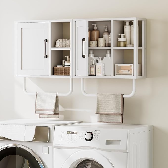 Medicine Cabinet, Bathroom Wall Cabinet with Towel Bar, Over The Toilet Storage Cabinet with Adjustable Shelf and Open Partition, for Bathroom, Laundry Room, Living Room, Kitchen, White