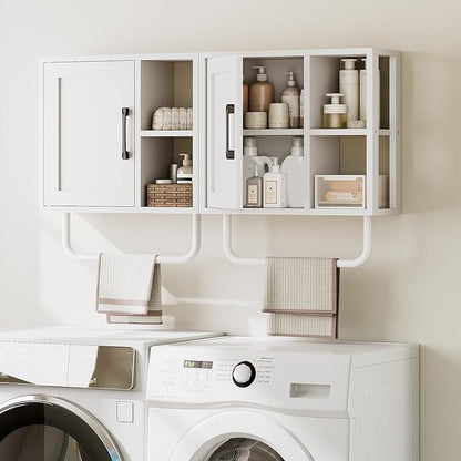 Medicine Cabinet, Bathroom Wall Cabinet with Towel Bar, Over The Toilet Storage Cabinet with Adjustable Shelf and Open Partition, for Bathroom, Laundry Room, Living Room, Kitchen, White