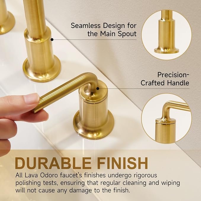 Brushed Gold Bathroom Faucet 3 Hole, Solid Brass Bath Faucet | 8 Inch Widespread Bathroom Faucet Brass Gold 2 Handle Bathroom Sink Faucet with Drain Assembly Supply Line, BF503-SG