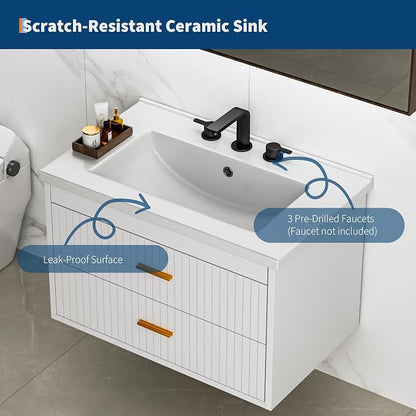 24 Inch Floating Bathroom Vanity with Sink - Modern Wall Mounted Vanity with Ceramic Sink, 2 Large Drawers, Waterproof & Easy Clean