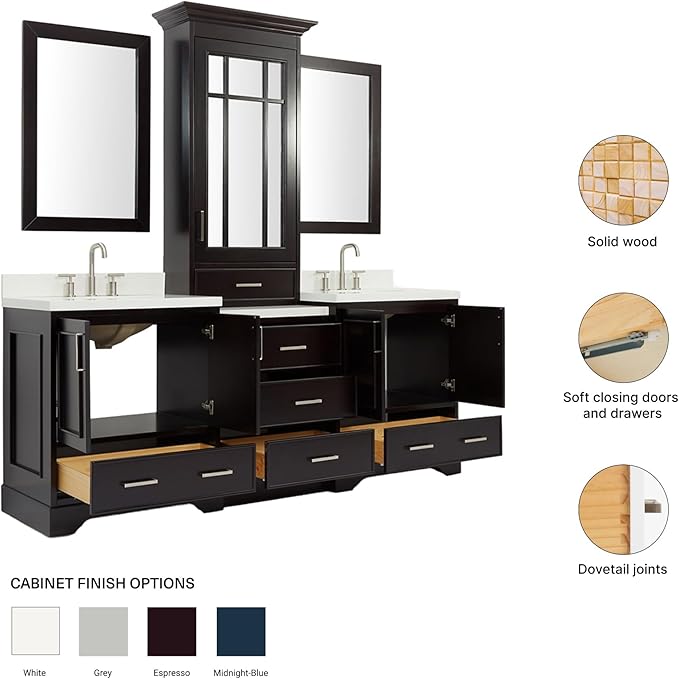 ARIEL Stafford 84-inch Bathroom Vanity with Sink,Solid Wood, 1.5-inch Pure White Quartz Countertop & Backsplash, Double Oval Porcelain Sink, 5 Soft Closing Doors, 6 Dovetail Drawers, Espresso