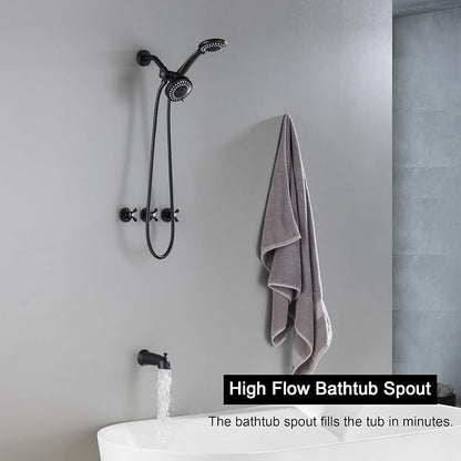 3 Handle Tub and Shower Faucet Set, Three Handle Shower Faucet with Tub Spout 3 Knob Bathtub Faucet Trim Kit with Valve, Matte Black