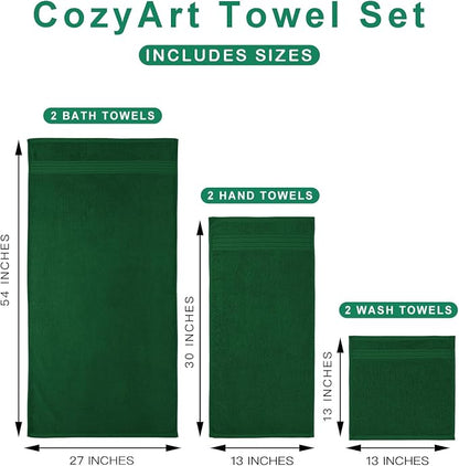 COZYART Bath Towel Set 6 PCS Formal Green Luxury 100% Turkish Cotton 650GSM | Soft Absorbent Quick Dry, OEKO‑Tex 100 Cert. Zero Twist Ring Spun Cotton, Plush, Breathable Hotel Quality Bathroom Towels