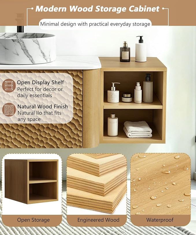 42 Inch Modern Bathroom Vanity with Ceramic Sink, Floating Bathroom Sink Cabinet with Sintered Stone Top&Solid Wood Hammered Frame, Single Bathroom Vanities w/Soft-Close Drawer&Side Open Cube