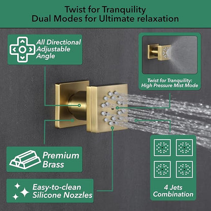VANFOXLE Shower Faucet Set Brushed Gold Shower System,Four Modes Shower Faucet with 2 in 1 Handheld,Ceiling Mount 10 Inch Shower Head with 6 Inch Shower Head, 4 PCS Dual Modes Body Jets