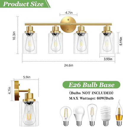 4-Light Gold Bathroom Light Fixtures, E26 Modern Vanity Lights for Bathroom with Clear Glass Shade, Wall Lamps for Mirror Hallway Kitchen Cabinet Living Room Sconces Lights