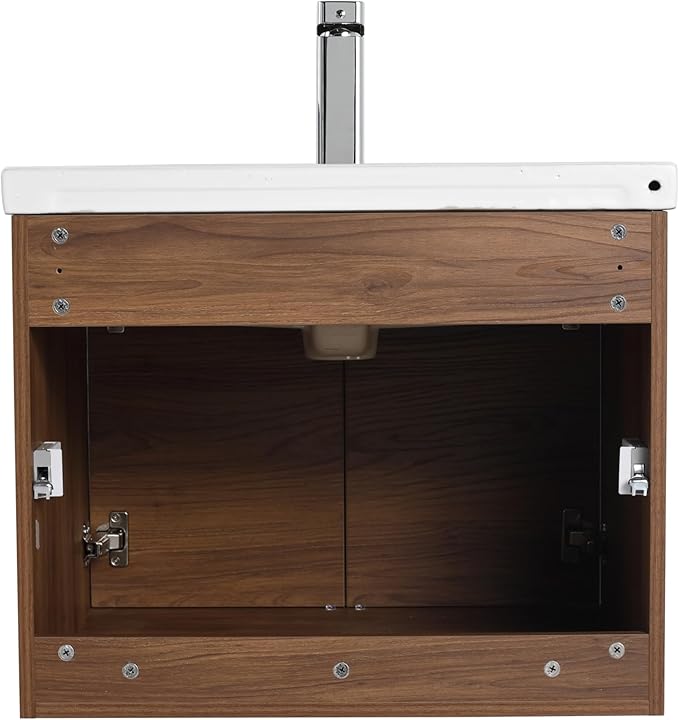 Blossom 24 Inch Wall Mounted Bathroom Vanity with Sink | Floating Wood Vanity Cabinet | Modern Soft-Close Doors & Storage | Ceramic Basin | Space-Saving Design (Brown Walnut, 24'' Ceramic Sink)