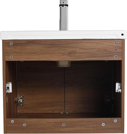 Blossom 24 Inch Wall Mounted Bathroom Vanity with Sink | Floating Wood Vanity Cabinet | Modern Soft-Close Doors & Storage | Ceramic Basin | Space-Saving Design (Brown Walnut, 24'' Ceramic Sink)