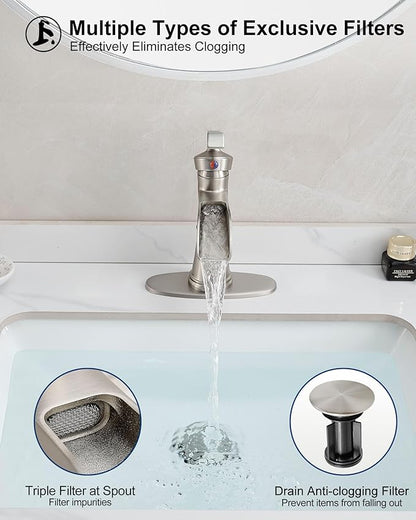 Brass Waterfall Bathroom Faucets Brushed Nickel, Single Hole Bathroom Faucet, 4 Inch 3 Hole Bathroom Sink Faucet Single Handle with Deck Plate, Pop-up Drain and Supply Hoses