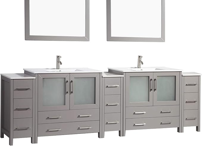 Vanity Art 108 Inch Under Mount Double Sink Bathroom Vanity Cabinet with 2 Mirrors, Ceramic Top Bathroom Cabinet Compact Set with 13 Dovetail Storage Drawers and Brushed Nickel Handles, VA3036-108-G