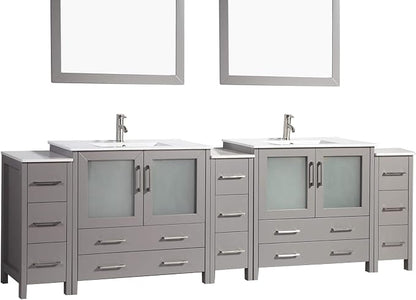 Vanity Art 108 Inch Under Mount Double Sink Bathroom Vanity Cabinet with 2 Mirrors, Ceramic Top Bathroom Cabinet Compact Set with 13 Dovetail Storage Drawers and Brushed Nickel Handles, VA3036-108-G