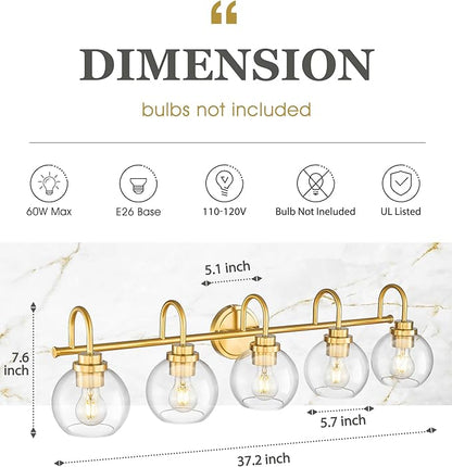 Bathroom Light Fixtures, 5-Light Brushed Gold Vanity Lights with Globe Clear Glass, 35 Inch Champagne Bronze Vanity Lighting Fixtures Over Mirror, AD-22280-5W-GD