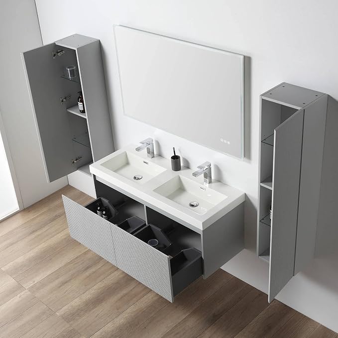 Blossom 48 Inch Double Sink Bathroom Vanity with Side Cabinets and Mirrors, All Wood Wall Mounted Floating Bathroom Vanity Cabinet with Acrylic Sink, Soft-Close Drawers, Bathroom Vanities, Light Grey