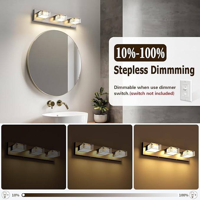 Joossnwell Brushed Nickel Bathroom Vanity Light Crystal 5CCT Dimmable Bathroom Lighting Fixtures Over Mirror (3-Light, 20.47-Inch) Led Modern Bath Lights with 350°Rotatable Head