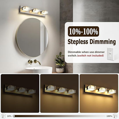 Joossnwell Brushed Nickel Bathroom Vanity Light Crystal 5CCT Dimmable Bathroom Lighting Fixtures Over Mirror (3-Light, 20.47-Inch) Led Modern Bath Lights with 350°Rotatable Head