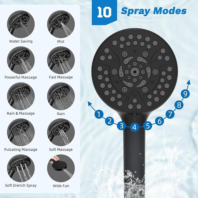 Hibbent 5-spray Dual Filtered Rainfall Shower Head with 10 Spray Handheld | High Pressure 13'' Showerhead Combo, Easy Reach 4-way Diverter Arm with Pause Mode, 71'' Hose & Holder, Matte Black