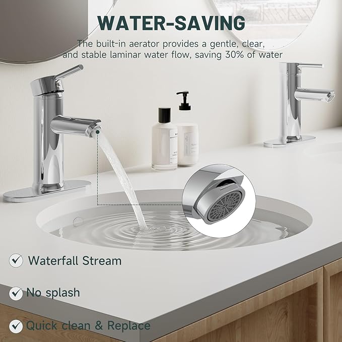 Chrome Bathroom Faucet 1 Hole, Greenspring Single Lever Bathroom Sink Faucets Modern Deck Mount One Hole Lavatory Vanity Faucet with Deck Plate and Supply Line, Brass