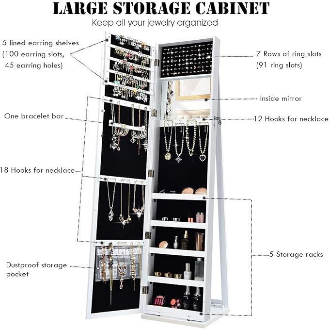 CHARMAID Standing Jewelry Armoire with Tall Full Length Mirror, 2-in-1 Lockable Jewelry Cabinet Organizer with Large Storage Capacity, Inside Makeup Mirror, Stable Base, Easy Assembly (White)