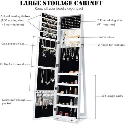 CHARMAID Standing Jewelry Armoire with Tall Full Length Mirror, 2-in-1 Lockable Jewelry Cabinet Organizer with Large Storage Capacity, Inside Makeup Mirror, Stable Base, Easy Assembly (White)
