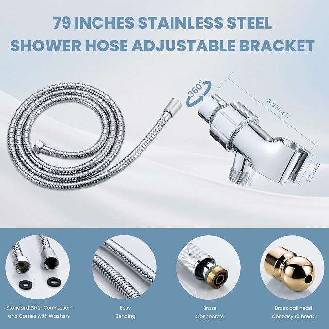Handheld Shower Head with 79inch Extra Long Hose,ON OFF Switch. | 8 Spray Settings High Pressure Detachable Showerhead,Built-in Power Sprayer to Clean Pets, Adjustable Angle Bracket,Silver