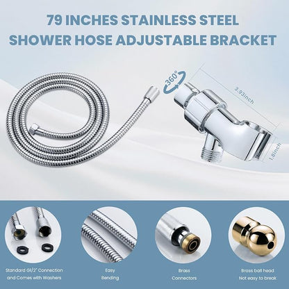 Handheld Shower Head with 79inch Extra Long Hose,ON OFF Switch. | 8 Spray Settings High Pressure Detachable Showerhead,Built-in Power Sprayer to Clean Pets, Adjustable Angle Bracket,Silver