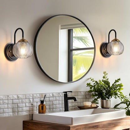 Mecgirn Bathroom Vanity Light Fixtures, 1-Light Smoky Gray Glass Shade, Modern Black and Gold Wall Sconce, Unique Textured Leaf Pattern, Ceramic E26 Sockets Wall Mounted for Mirror, Cabinet, Hallway