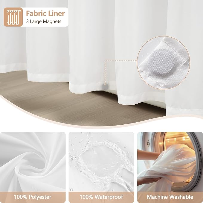 Seenus Boho Farmhouse Shower Curtain and Fabric Liner Set, Heavyweight Linen Textured Fabric Shower Curtain Beige with Tassels, 2 in 1 Waterproof Fabric Shower Curtain Set for Bathroom, 72x72 Inch