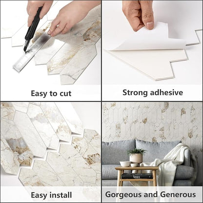 Vamos Tile Glossy Pandora Marble with Gold Veining Backsplash Tile Peel and Stick, 12.8 x 12.8 Inch 1 Sheet Long Hexagon PVC Self Adhesive Mosaic Tiles Stick on Backsplash for Kitchen and Bathroom