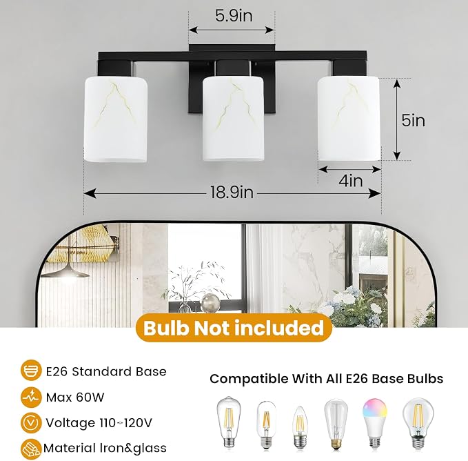 3-Light Square Bathroom Light Fixture, Matte Black Modern Vanity Light with White Marble Glass Shade, for Bathroom Mirror, Living Room, Bedroom, Hallway, E26 Base