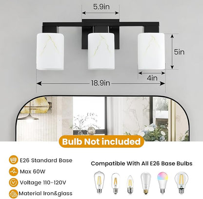 3-Light Square Bathroom Light Fixture, Matte Black Modern Vanity Light with White Marble Glass Shade, for Bathroom Mirror, Living Room, Bedroom, Hallway, E26 Base