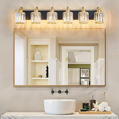 Modern Bathroom Vanity Light 6-Lights Black Gold Crystal Bathroom Wall Light Vanity Light Fixtures with Round Shade (Exclude Bulb)